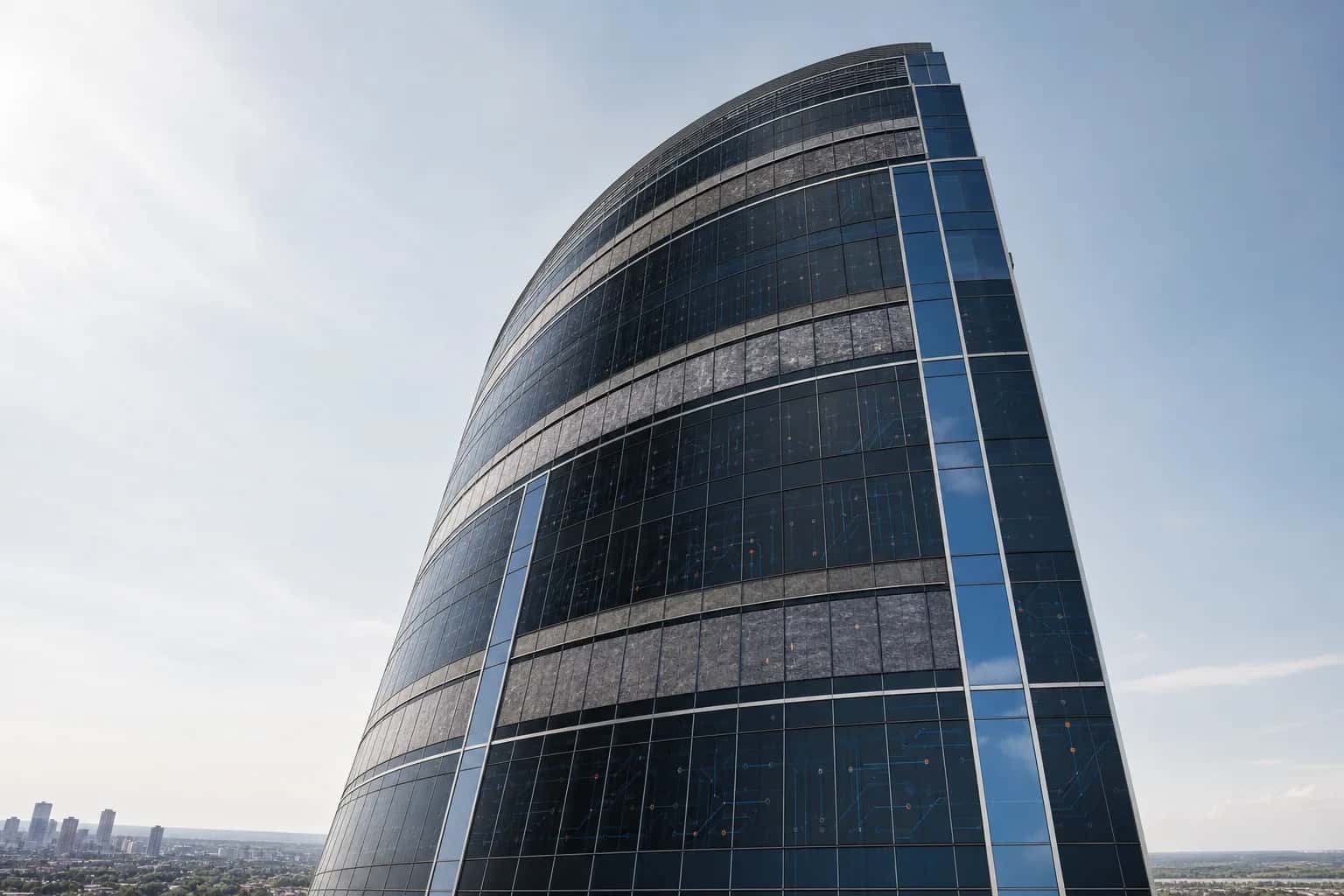 Bow-inspired curved Class A facade with Powerglass BIPV product zones and circuit-trace accents under a pale daytime sky